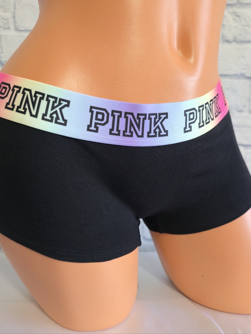 PINK Victoria's Secret Black Boyshort Rainbow Logo Shortie Panty New Medium
